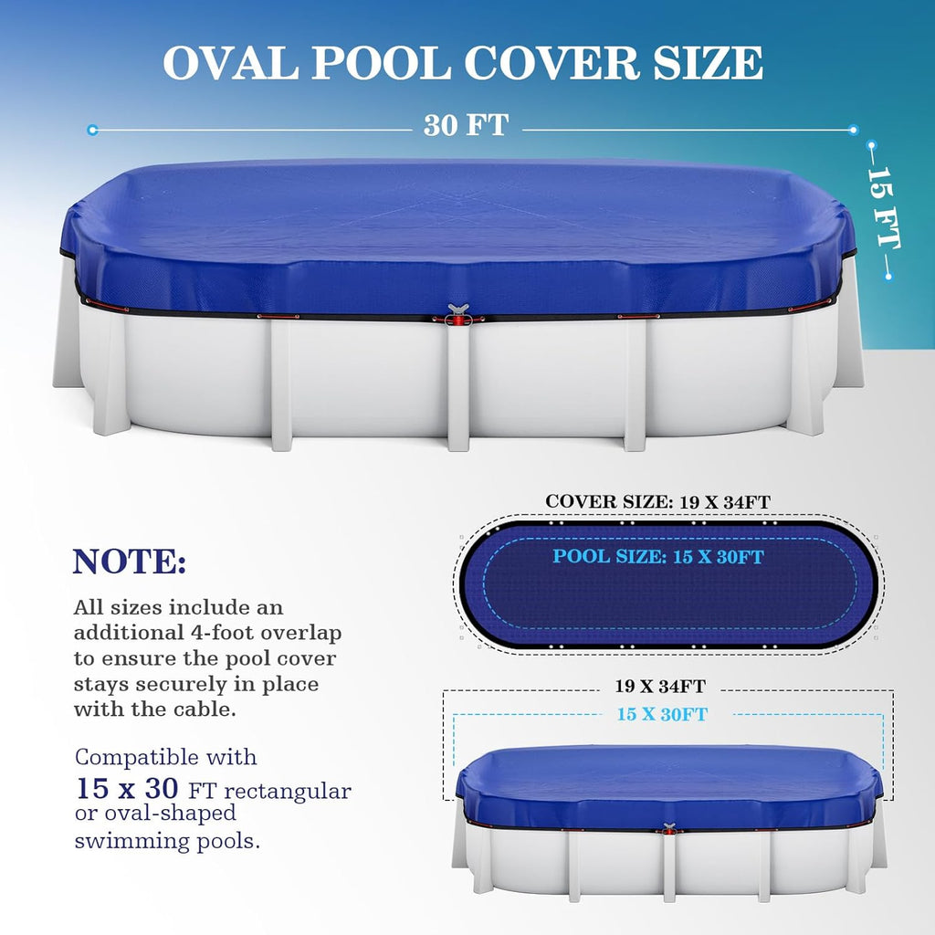 UIRWAY Upgraded 15x30 ft Oval Winter Pool Cover- 200gsm Heavy Duty Fabric Pool Cover for Above Ground Pools, Extra Thick & Durable, Cold and UV Resistant, Includes Winch and Cable Set