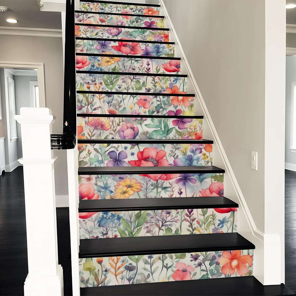 REDAMANCY Boho Orange Sunset Sea Wave Landscape Abstract Peel and Stick Vinyl Stair Riser Decals Staircase Tile Stickers Decor Modern Marble Decoration Self-Adhesive(14 Pcs)