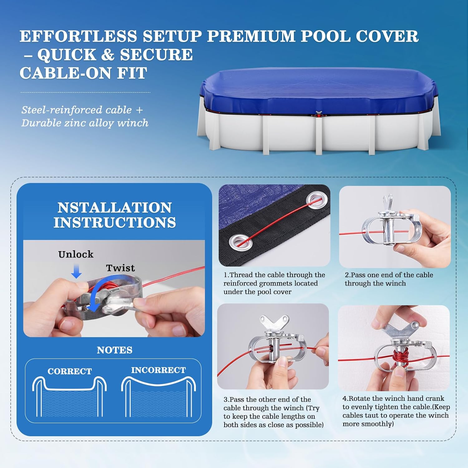UIRWAY Upgraded 15x30 ft Oval Winter Pool Cover- 200gsm Heavy Duty Fabric Pool Cover for Above Ground Pools, Extra Thick & Durable, Cold and UV Resistant, Includes Winch and Cable Set