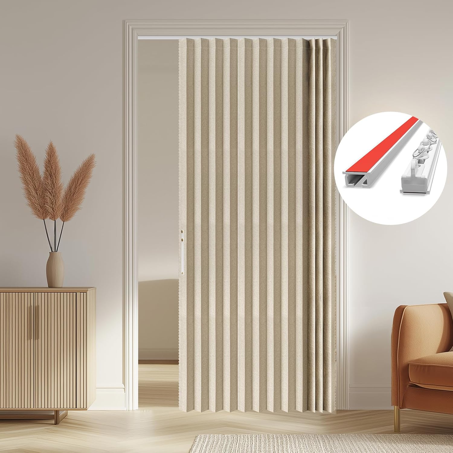 AJAZZ 100% Blackout Magnetic Accordion Door Curtain - Invisible Folding Panel for Bedroom, Living Room, Doorway - Curtain Sets Includes Tracks (1 Panel, 43W x 79L, Grey)