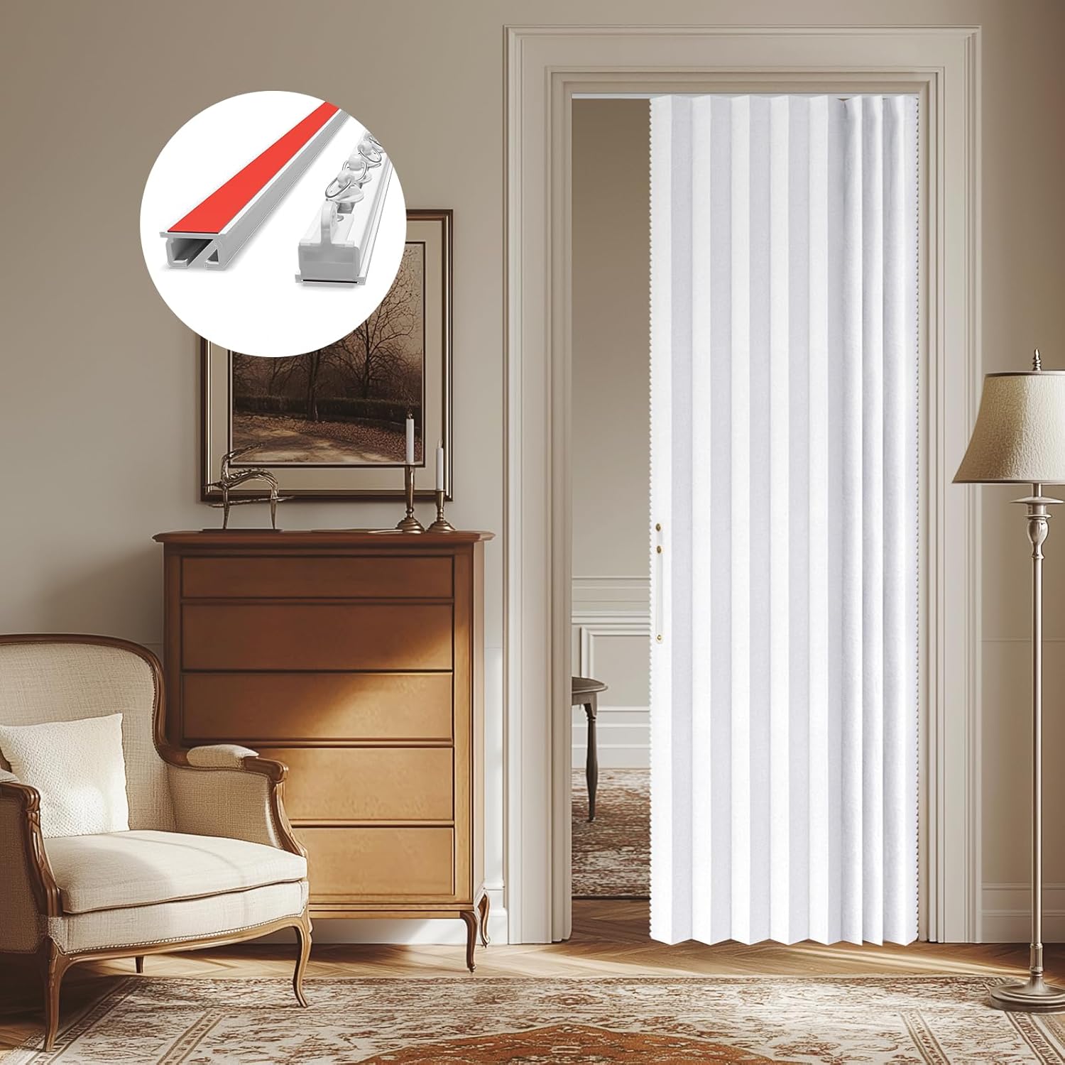 AJAZZ 100% Blackout Magnetic Accordion Door Curtain - Invisible Folding Panel for Bedroom, Living Room, Doorway - Curtain Sets Includes Tracks (1 Panel, 43W x 79L, Grey)