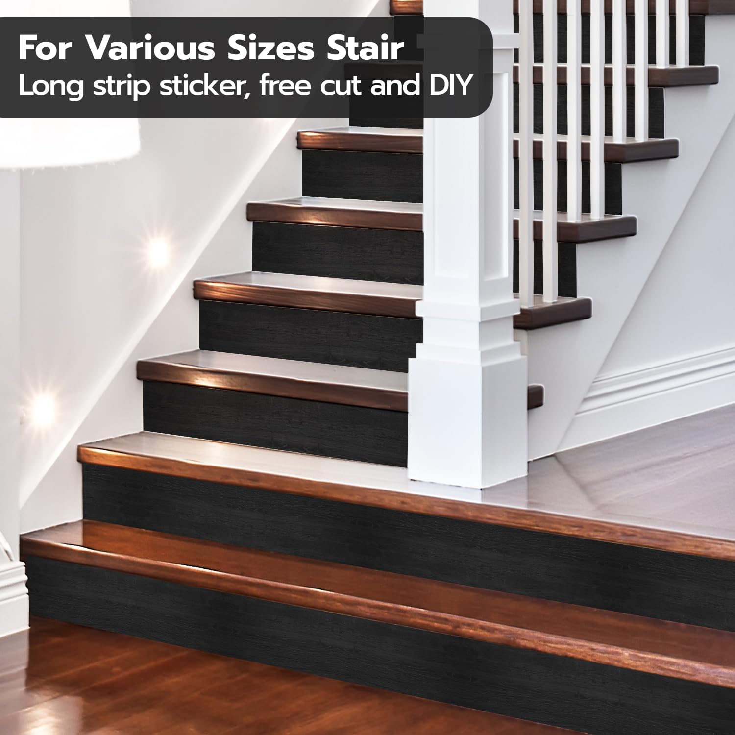 funlife Long Strip Faux Black Wood Stair Riser Decals Peel and Stick, Black Stair Riser Stickers Self Adhesive Vinyl Stairway Stickers for Entryway, Staircase Step Decals for Home Decor, 7.87"X590.55"