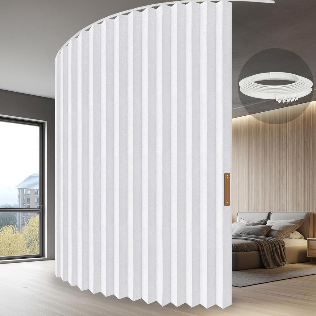 Hanging Accordion Room Divider with Track System - Ceiling-Mounted Partition Curtain, Simple Installation(White 100" W x 84" L-Pack of 1)