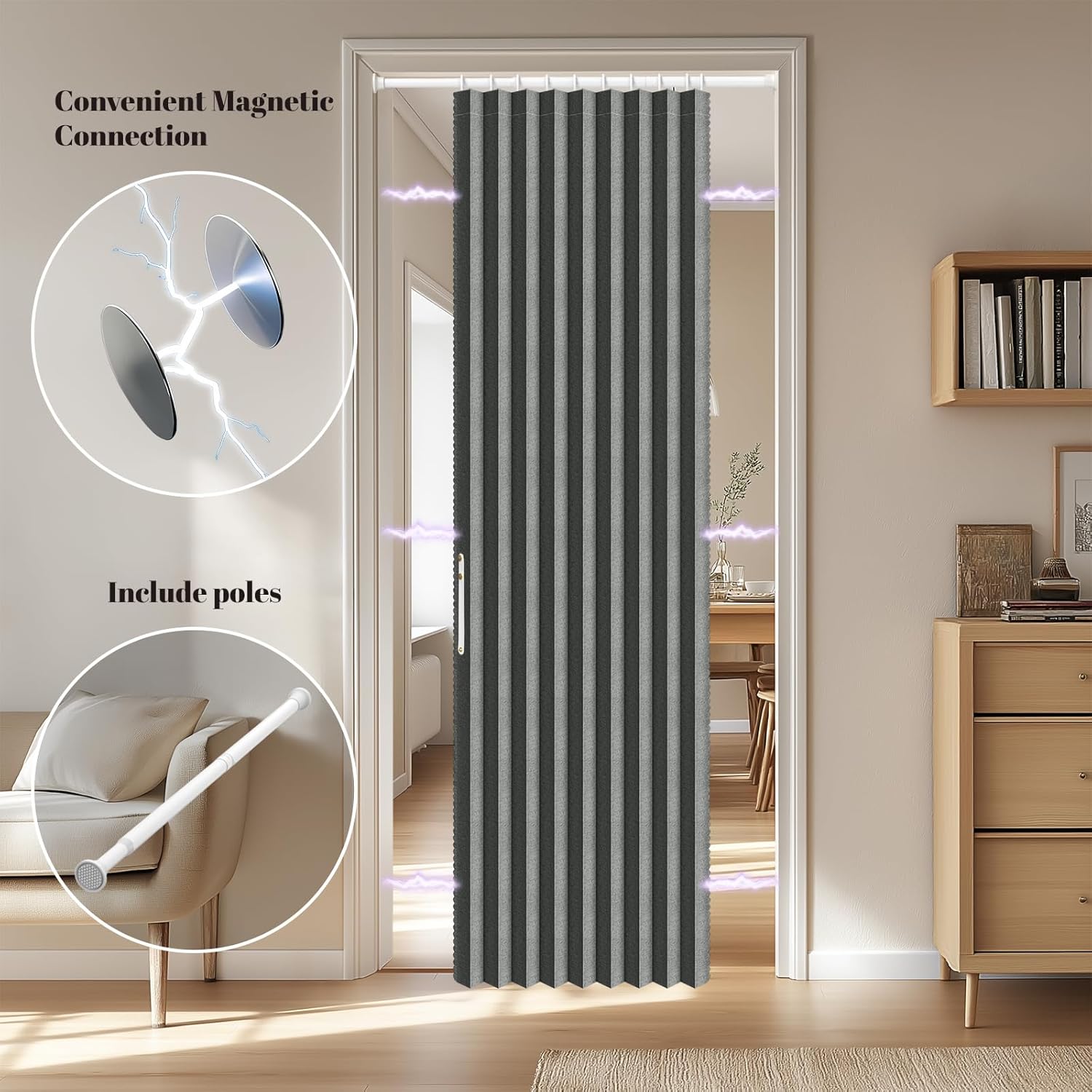 AJAZZ Blackout Accordion Door Invisible Folding Accordion Doors Interior Magnetic Door Curtain for Bedroom Living Room Doorway Curtain Sets Included Rod (1 Pack, 44W x 78 L, Dark Grey)