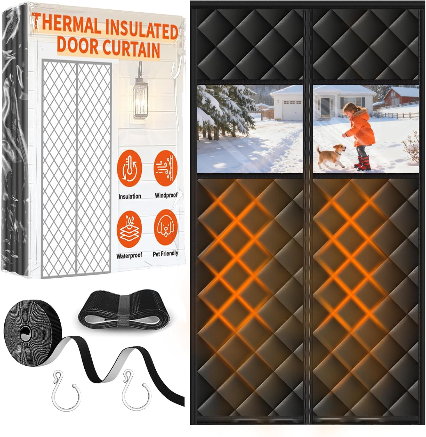 Upgraded Magnetic Thermal Insulated Door Curtain with Perspective Window, Weatherproof Oxford Cloth Filled with Cotton, Fit for Door Size 32" x 80", Doorway Curtains Size 35" x 82" Grey