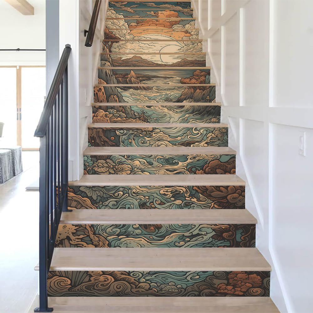 REDAMANCY Boho Orange Sunset Sea Wave Landscape Abstract Peel and Stick Vinyl Stair Riser Decals Staircase Tile Stickers Decor Modern Marble Decoration Self-Adhesive(14 Pcs)