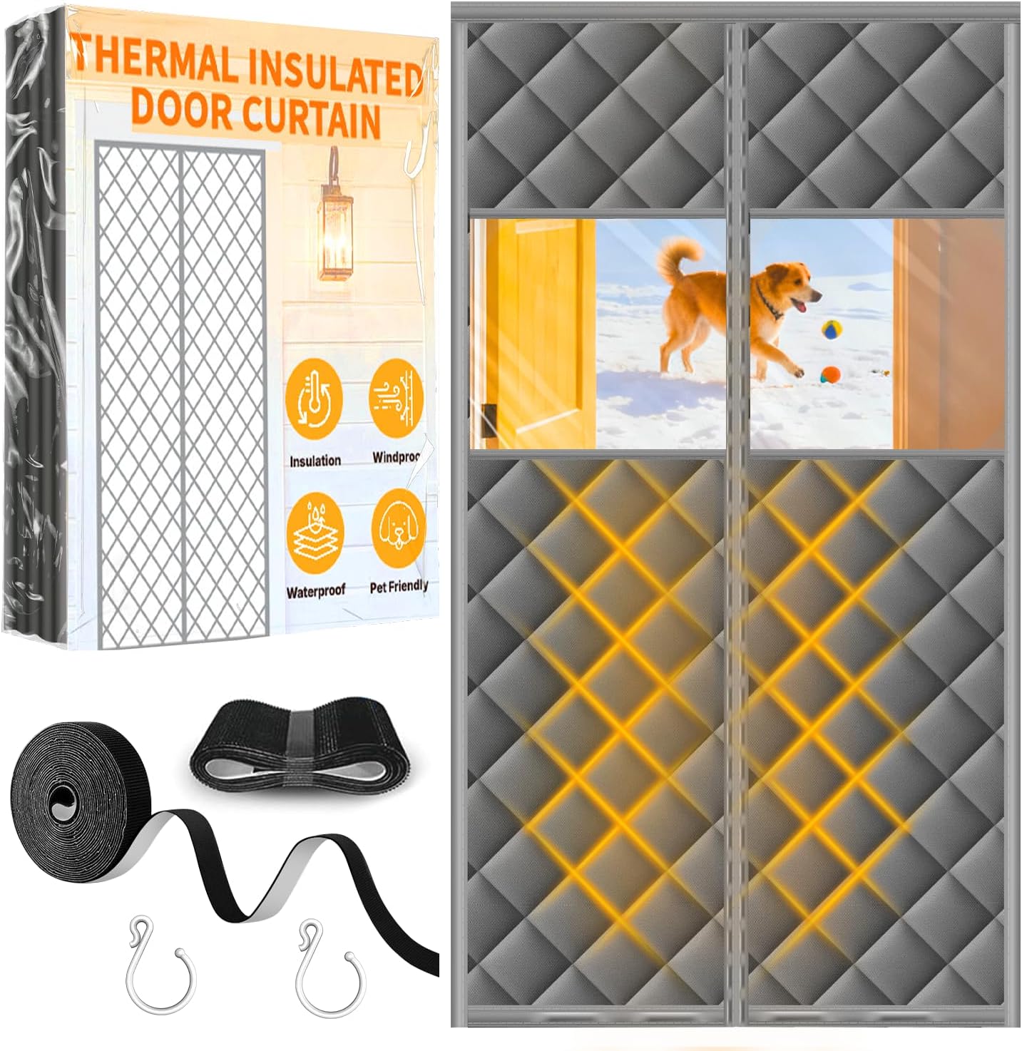 Upgraded Magnetic Thermal Insulated Door Curtain with Perspective Window, Weatherproof Oxford Cloth Filled with Cotton, Fit for Door Size 32" x 80", Doorway Curtains Size 35" x 82" Grey