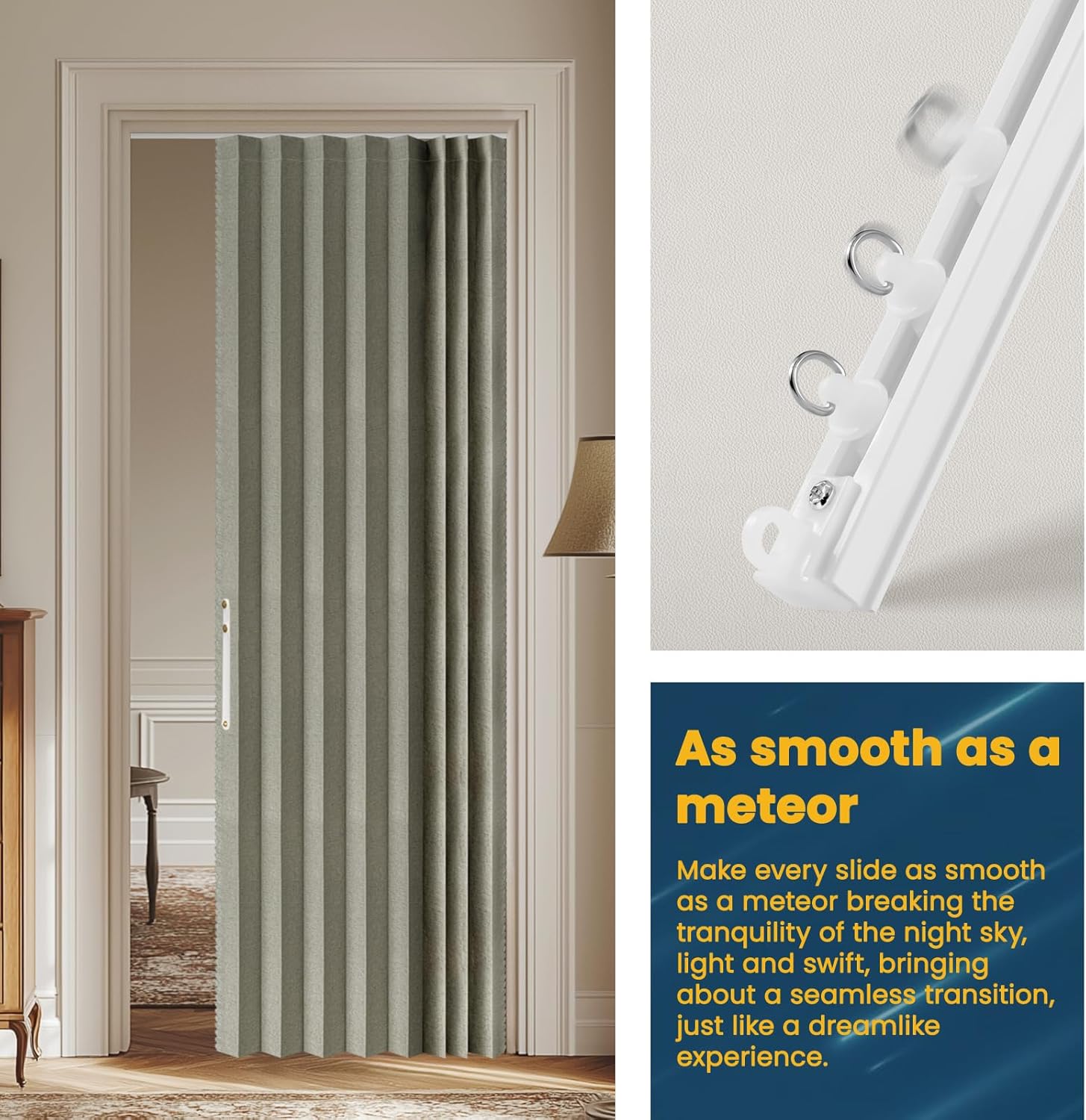 AJAZZ 100% Blackout Magnetic Accordion Door Curtain - Invisible Folding Panel for Bedroom, Living Room, Doorway - Curtain Sets Includes Tracks (1 Panel, 43W x 79L, Grey)