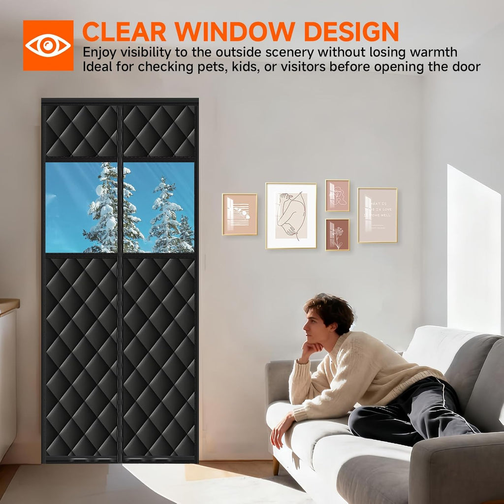 Upgraded Magnetic Thermal Insulated Door Curtain for Winter with Clear Window, Fit Door Size 32x80 in, Heavy Duty 4-Layer Oxford with Thicken Cotton, Self-Closing for Sliding Glass Doorways, Black