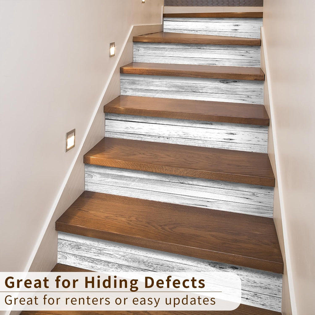 funlife 14 Strips Peel and Stick Stair Risers Stickers, Self Adhesive Vinyl Stair Stickers Decals, Staircase Murals Decor for Steps, 39.37"X7.09", Faux Weathered Rustic Wood