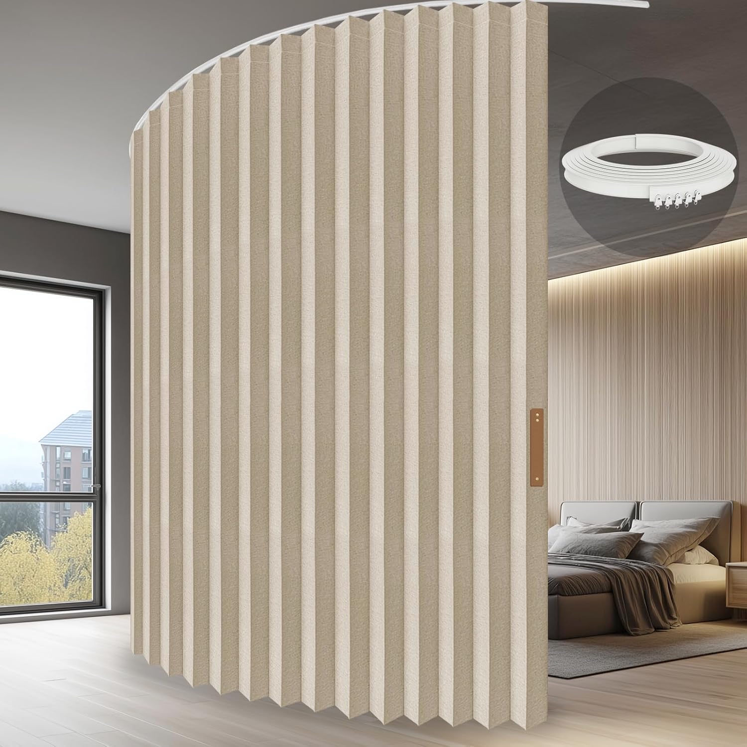 Accordion Folding Room Partition with Ceiling Track - Retractable Room Divider Curtain, Effortless Setup(Beige 100" W x 84" L-Pack of 1)