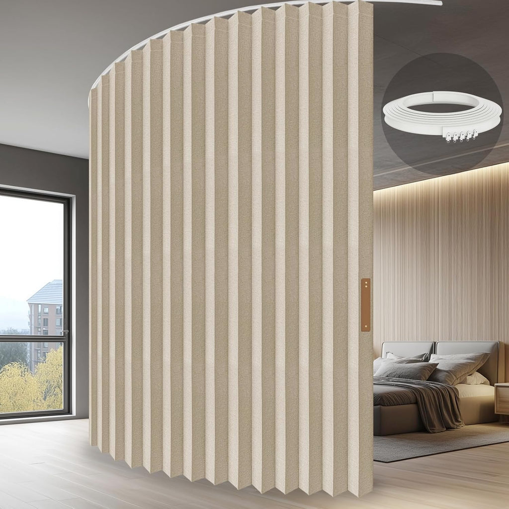 Hanging Accordion Room Divider with Track System - Ceiling-Mounted Partition Curtain, Simple Installation(White 100" W x 84" L-Pack of 1)