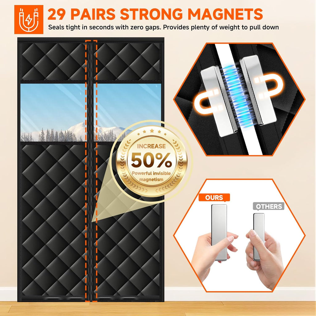 Upgraded Magnetic Thermal Insulated Door Curtain for Winter with Clear Window, Fit Door Size 32x80 in, Heavy Duty 4-Layer Oxford with Thicken Cotton, Self-Closing for Sliding Glass Doorways, Black