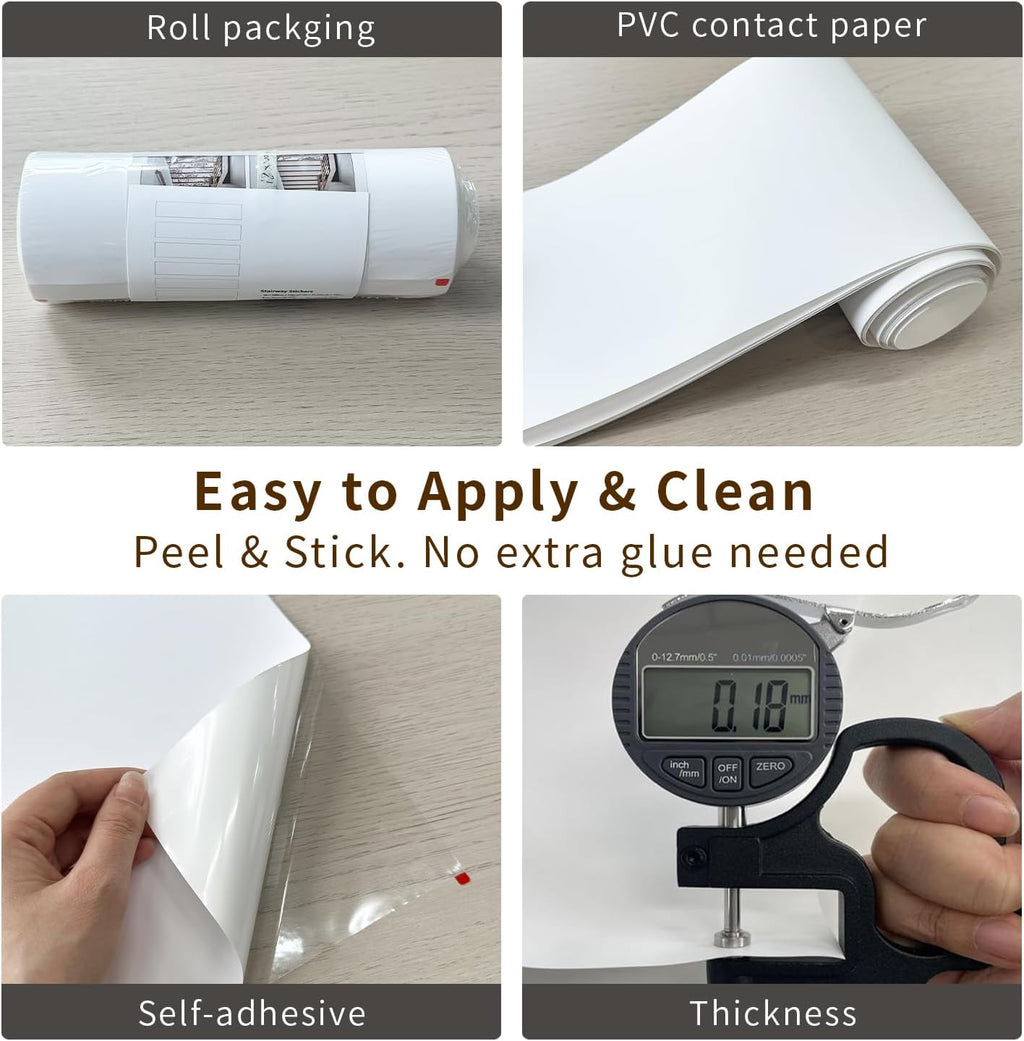 funlife 14Pcs Self-Adhesive Vinyl Stair Riser Stickers, Peel and Stick Staircase Decal Contact Paper, 39.37"x7.09" Pure Plain White