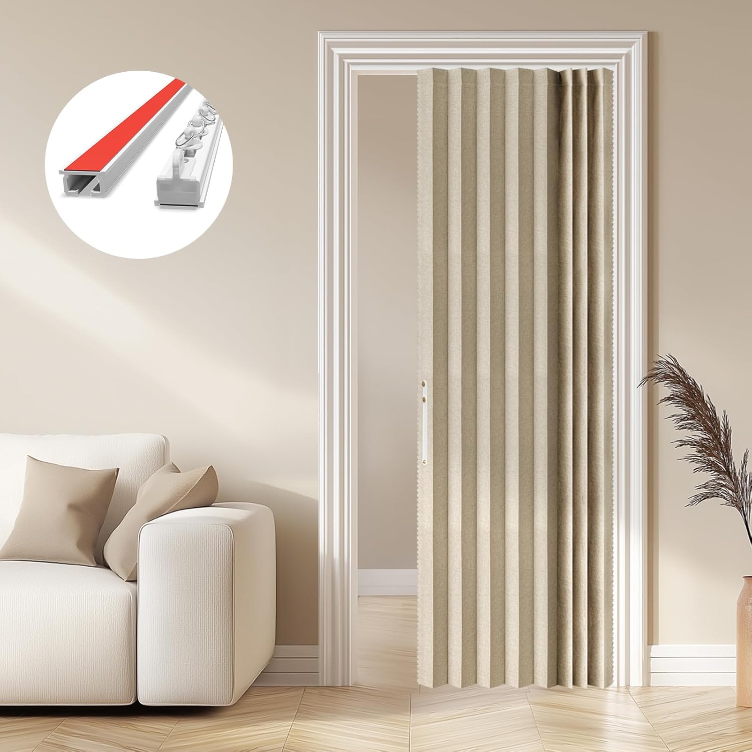 AJAZZ 100% Blackout Magnetic Accordion Door Curtain - Invisible Folding Panel for Bedroom, Living Room, Doorway - Curtain Sets Includes Tracks (1 Panel, 43W x 79L, Grey)
