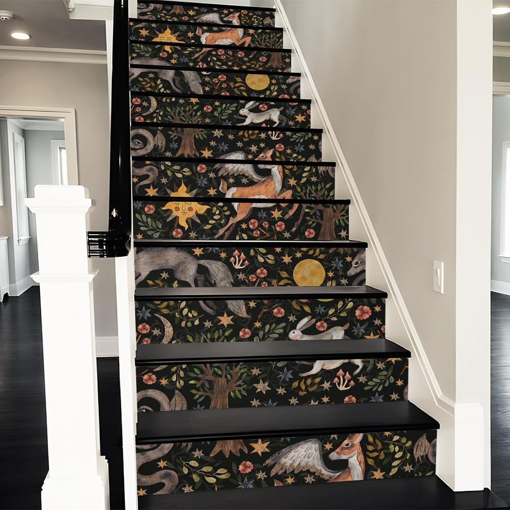 REDAMANCY Boho Orange Sunset Sea Wave Landscape Abstract Peel and Stick Vinyl Stair Riser Decals Staircase Tile Stickers Decor Modern Marble Decoration Self-Adhesive(14 Pcs)