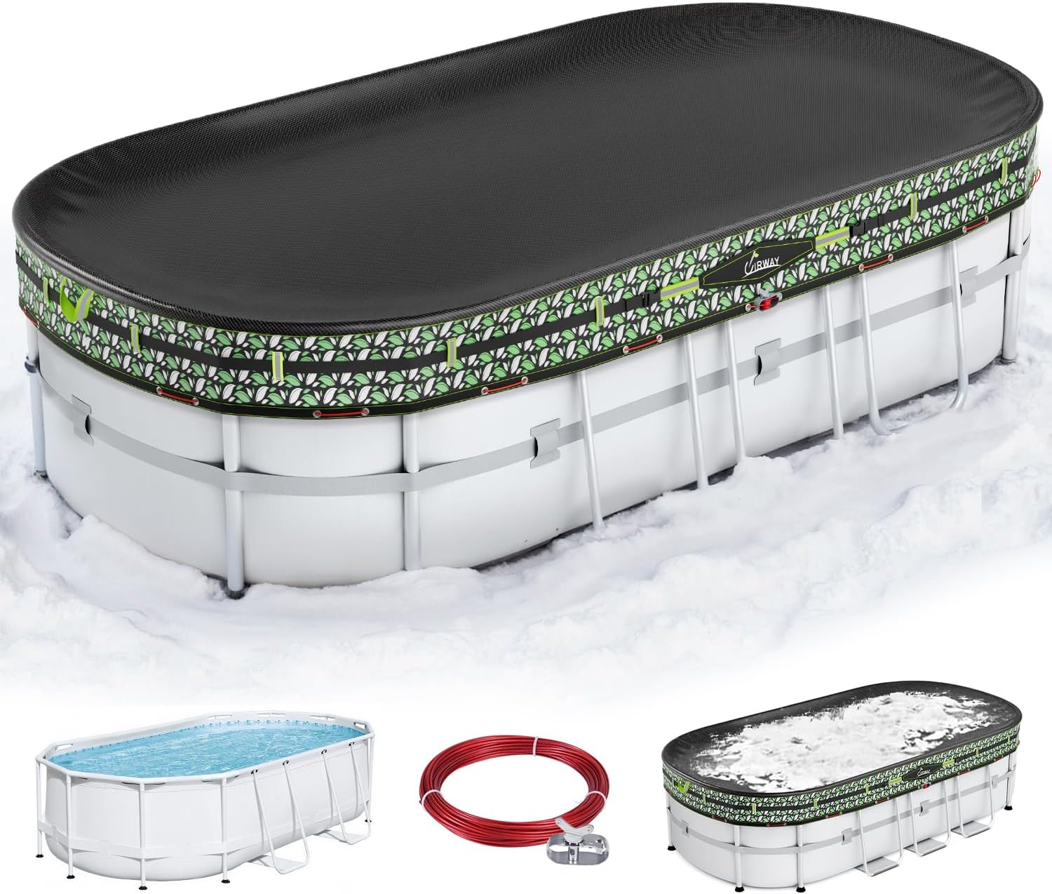 UIRWAY Upgraded 15x30 ft Oval Winter Pool Cover- 200gsm Heavy Duty Fabric Pool Cover for Above Ground Pools, Extra Thick & Durable, Cold and UV Resistant, Includes Winch and Cable Set