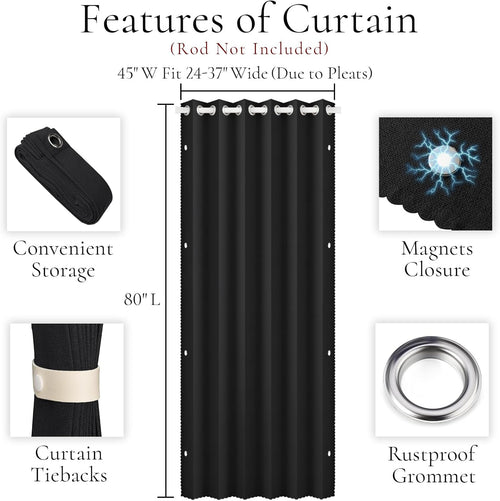 100% Blackout Accordion Style Door Curtain for Doorways Privacy Magnetic Door Curtain, Temporary Doors for A Room Privacy, 1 Panel, W45 x L80, Black