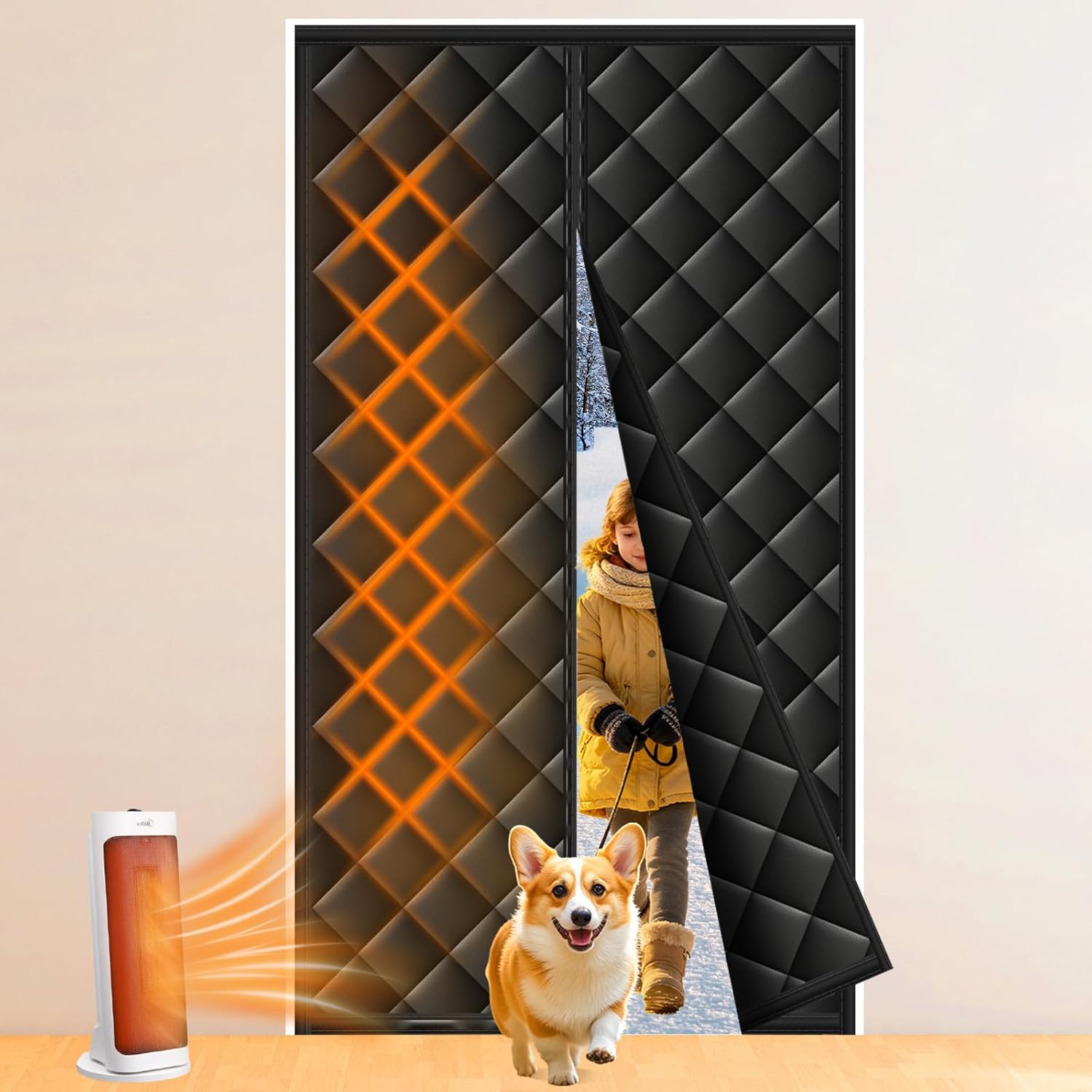 Upgraded Magnetic Thermal Insulated Door Curtain with Perspective Window, Weatherproof Oxford Cloth Filled with Cotton, Fit for Door Size 32" x 80", Doorway Curtains Size 35" x 82" Grey