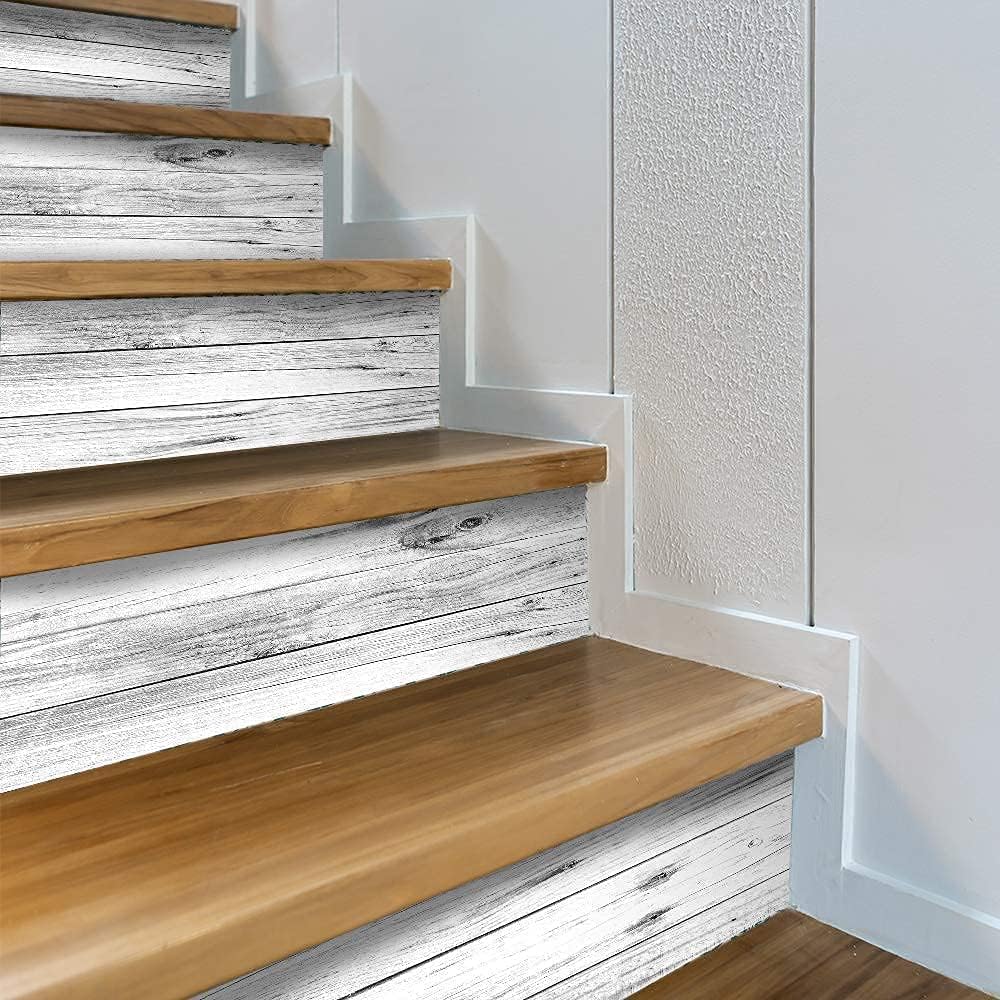 funlife 14 Strips Peel and Stick Stair Risers Stickers, Self Adhesive Vinyl Stair Stickers Decals, Staircase Murals Decor for Steps, 39.37"X7.09", Faux Weathered Rustic Wood