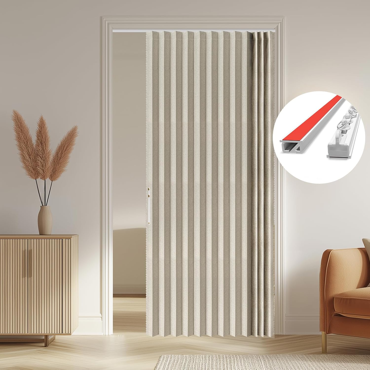 AJAZZ 100% Blackout Magnetic Accordion Door Curtain - Invisible Folding Panel for Bedroom, Living Room, Doorway - Curtain Sets Includes Tracks (1 Panel, 43W x 79L, Grey)