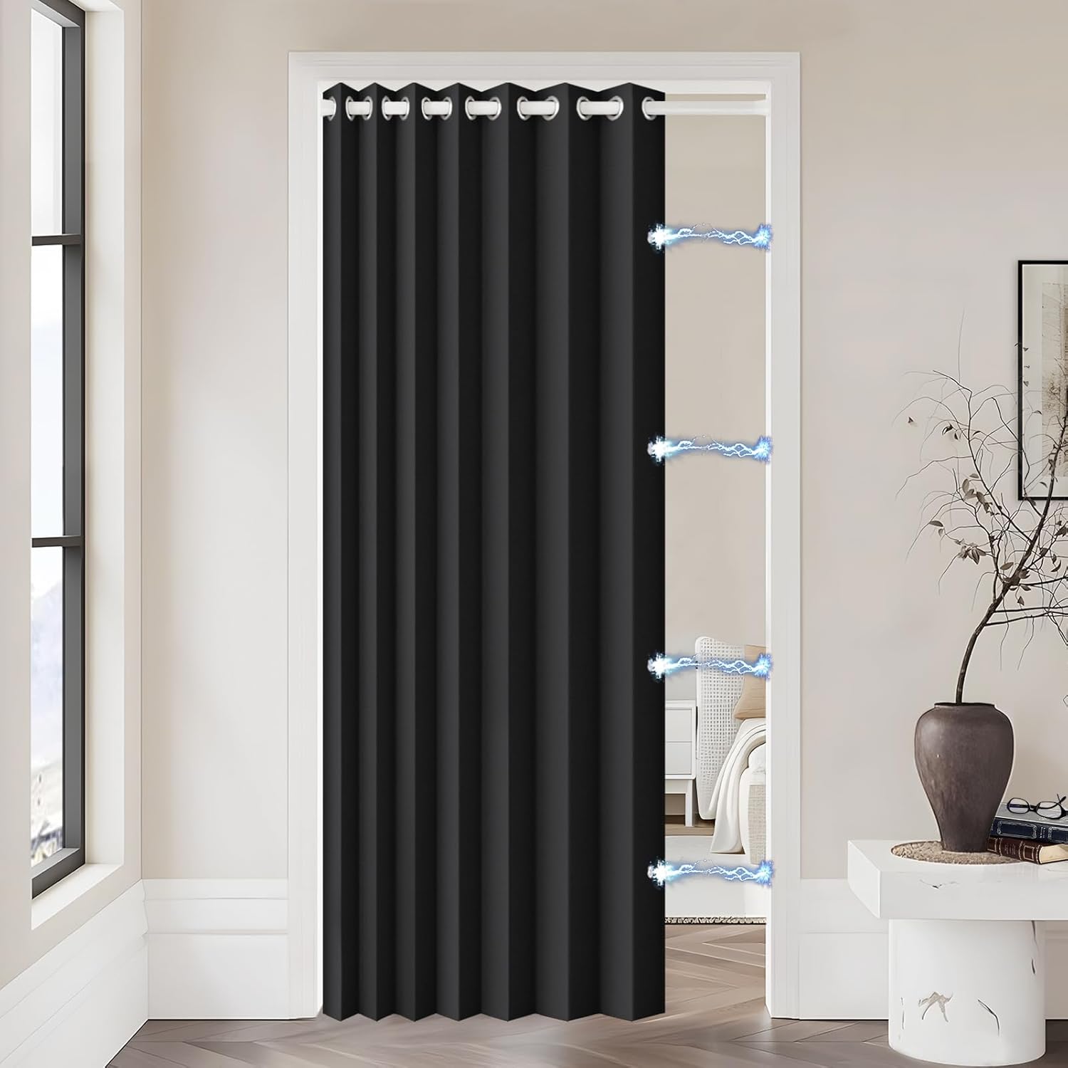 100% Blackout Accordion Style Door Curtain for Doorways Privacy Magnetic Door Curtain, Temporary Doors for A Room Privacy, 1 Panel, W45 x L80, Black