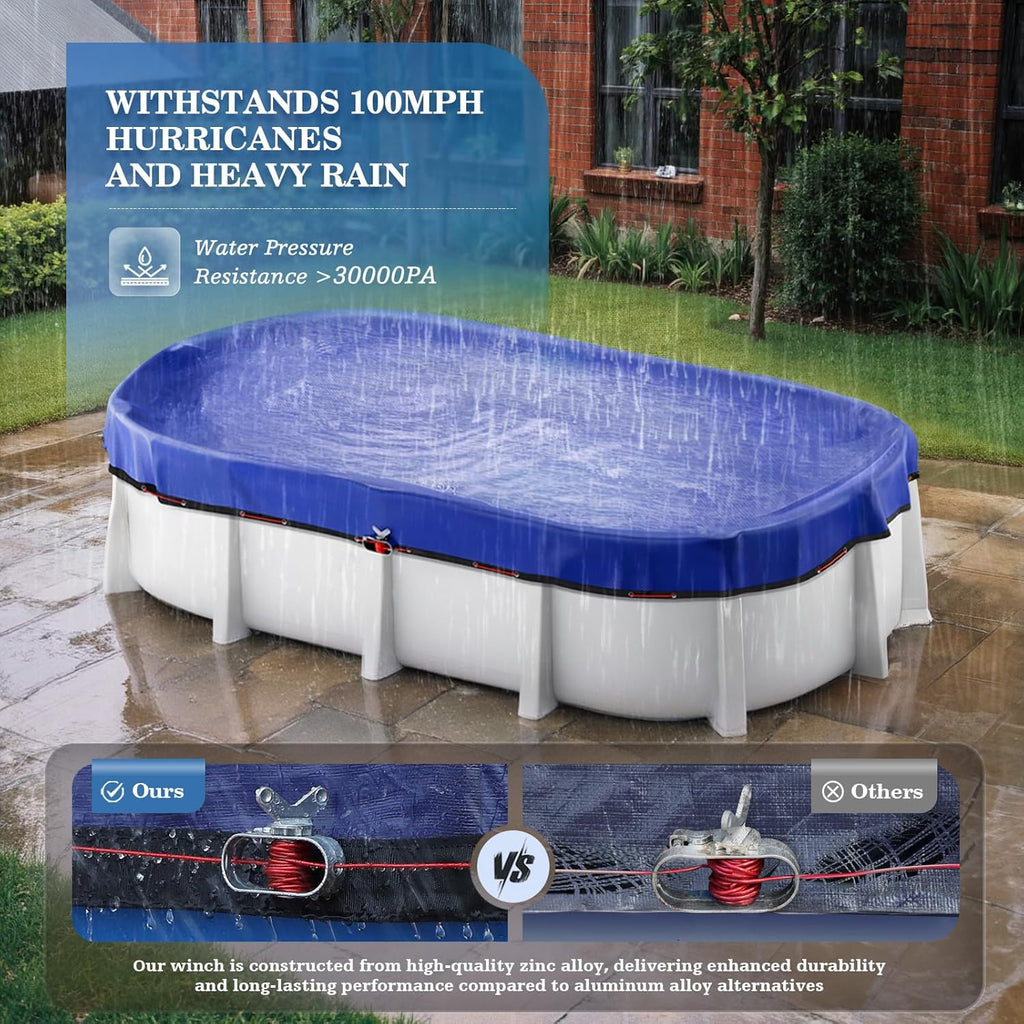 UIRWAY Upgraded 15x30 ft Oval Winter Pool Cover- 200gsm Heavy Duty Fabric Pool Cover for Above Ground Pools, Extra Thick & Durable, Cold and UV Resistant, Includes Winch and Cable Set