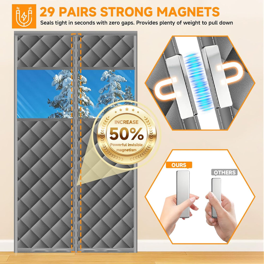 Upgraded Magnetic Thermal Insulated Door Curtain with Perspective Window, Weatherproof Oxford Cloth Filled with Cotton, Fit for Door Size 32" x 80", Doorway Curtains Size 35" x 82" Grey