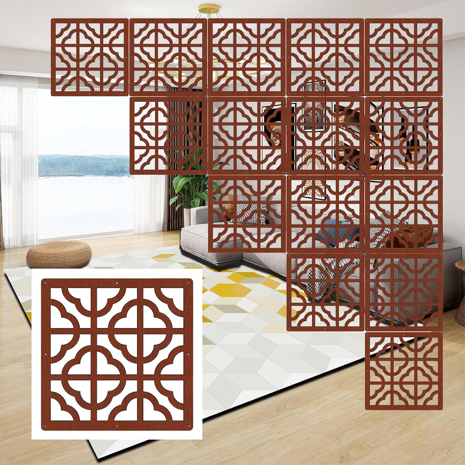 Hanging Room Divider Panels, 24 Pieces Wood-Plastic Screen Panels Wall Divider Partition Home Office Decoration (Natural)
