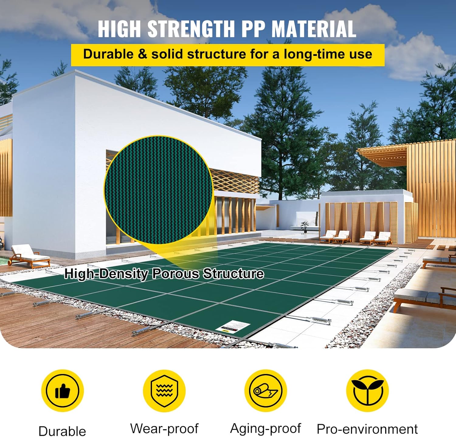 VEVOR Inground Pool Safety Cover, 16 ft x 32 ft Rectangular Winter Pool Cover, Triple Stitched, High Strength Mesh PP Material with Good Rain Permeability (Fit 16x32ft Pools)