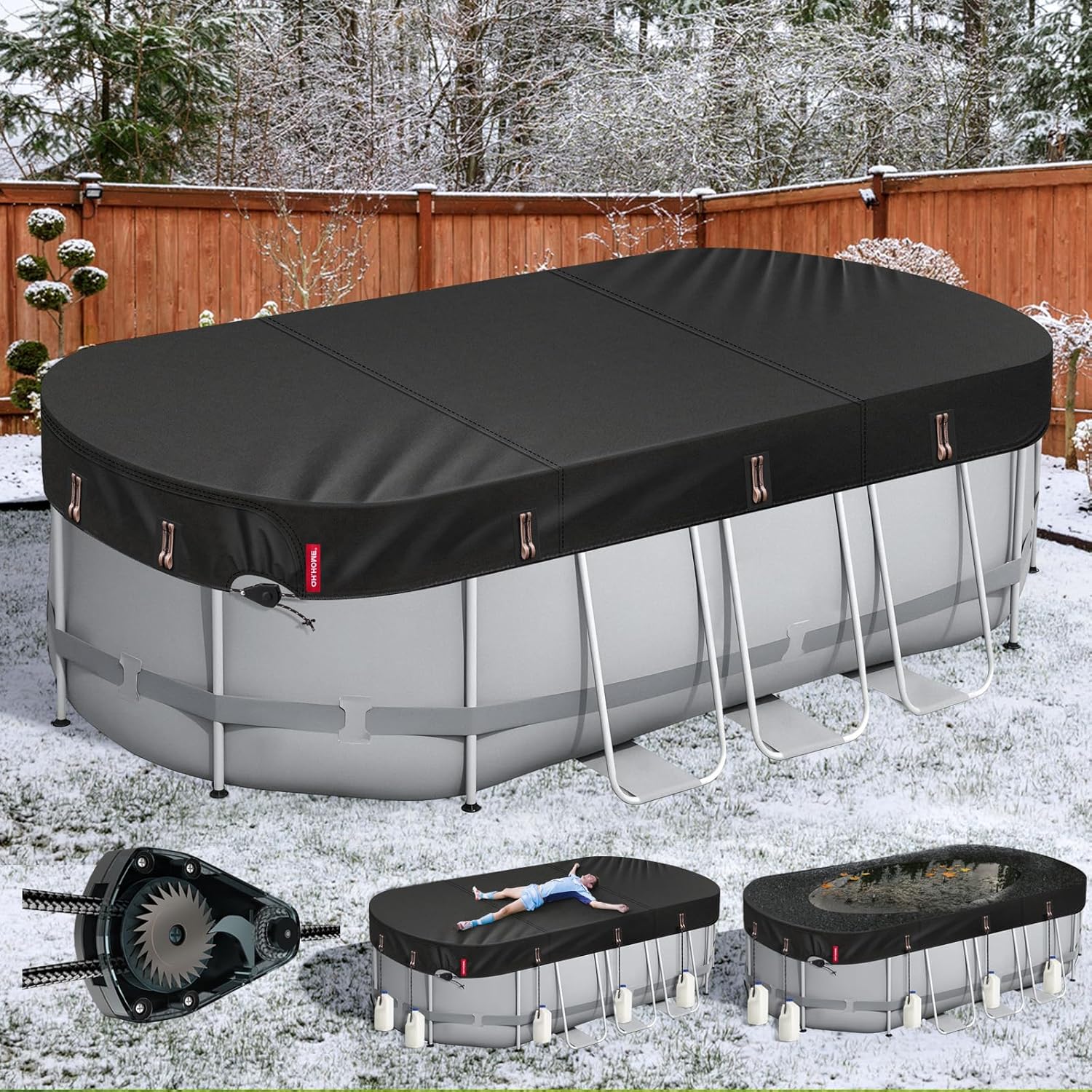 QH.HOME Winter Round Pool Cover for 18 Ft Bestway/Intex/Coleman Frame Above Ground Pool, [Excellent Windproof ] with Fast Tightening Patented Ratchet& Weight-Bearing Rings,Cold and UV Resistant