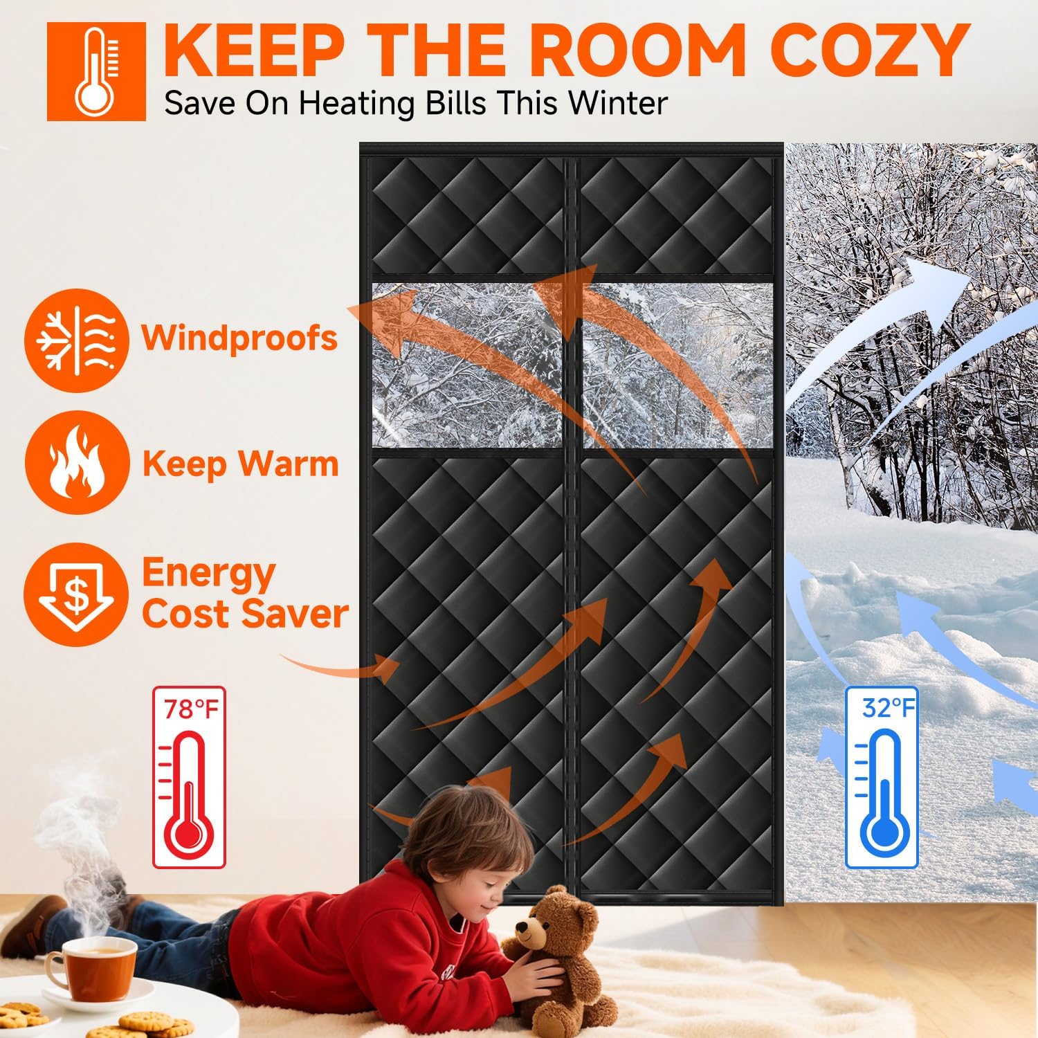 Upgraded Magnetic Thermal Insulated Door Curtain for Winter with Clear Window, Fit Door Size 32x80 in, Heavy Duty 4-Layer Oxford with Thicken Cotton, Self-Closing for Sliding Glass Doorways, Black