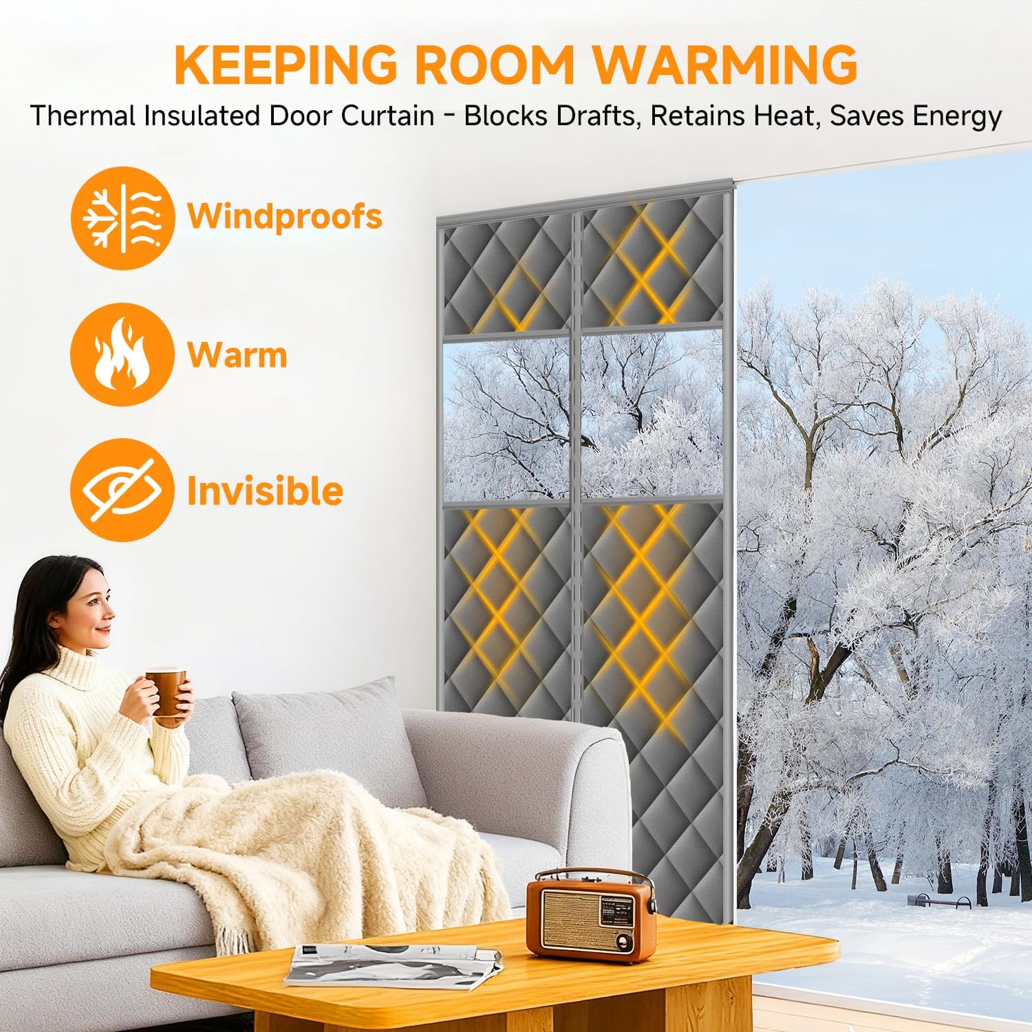 Upgraded Magnetic Thermal Insulated Door Curtain with Perspective Window, Weatherproof Oxford Cloth Filled with Cotton, Fit for Door Size 32" x 80", Doorway Curtains Size 35" x 82" Grey