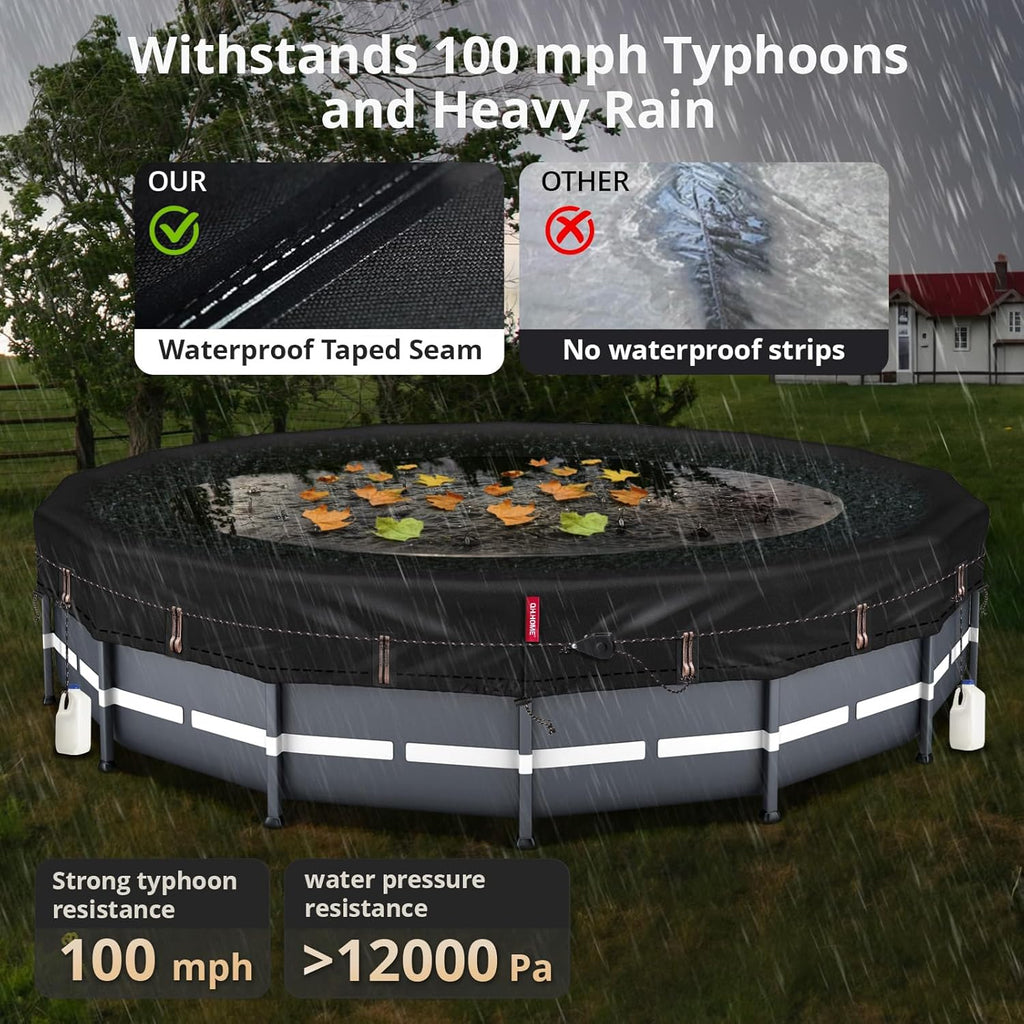 QH.HOME Winter Round Pool Cover for 18 Ft Bestway/Intex/Coleman Frame Above Ground Pool, [Excellent Windproof ] with Fast Tightening Patented Ratchet& Weight-Bearing Rings,Cold and UV Resistant