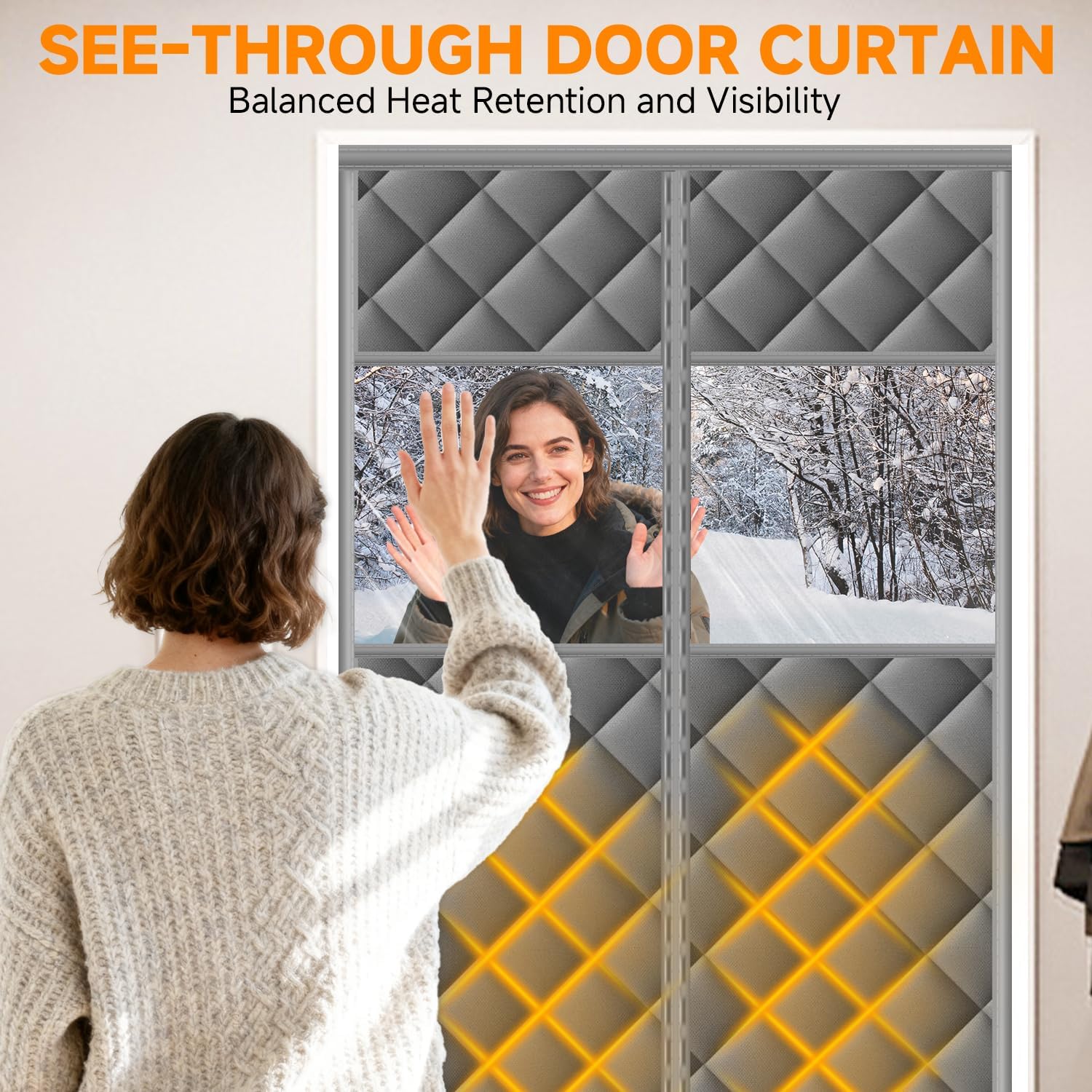 Upgraded Magnetic Thermal Insulated Door Curtain with Perspective Window, Weatherproof Oxford Cloth Filled with Cotton, Fit for Door Size 32" x 80", Doorway Curtains Size 35" x 82" Grey