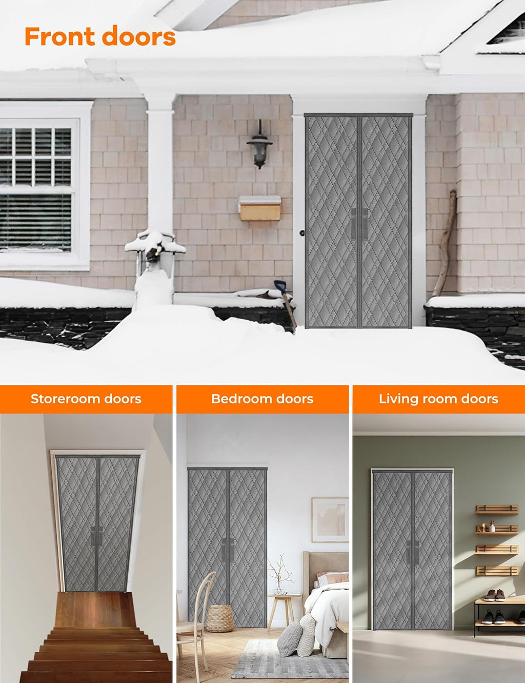 Magnetic Thermal Insulated Door Curtain, Fit Size up to 36 x 80 Inches, Thermal Door Curtain Filled with Thick Cotton to Keep Warm Winter, Doorway/Front/Back/Basement, Grey, Diamond