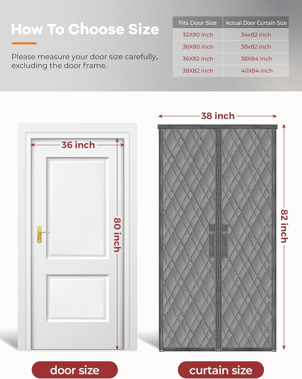 Magnetic Thermal Insulated Door Curtain, Fit Size up to 36 x 80 Inches, Thermal Door Curtain Filled with Thick Cotton to Keep Warm Winter, Doorway/Front/Back/Basement, Grey, Diamond