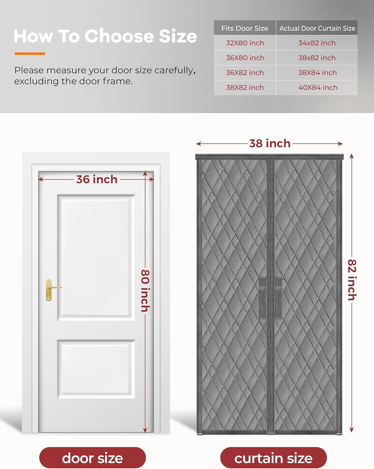 Magnetic Thermal Insulated Door Curtain, Fit Size up to 36 x 80 Inches, Thermal Door Curtain Filled with Thick Cotton to Keep Warm Winter, Doorway/Front/Back/Basement, Grey, Diamond