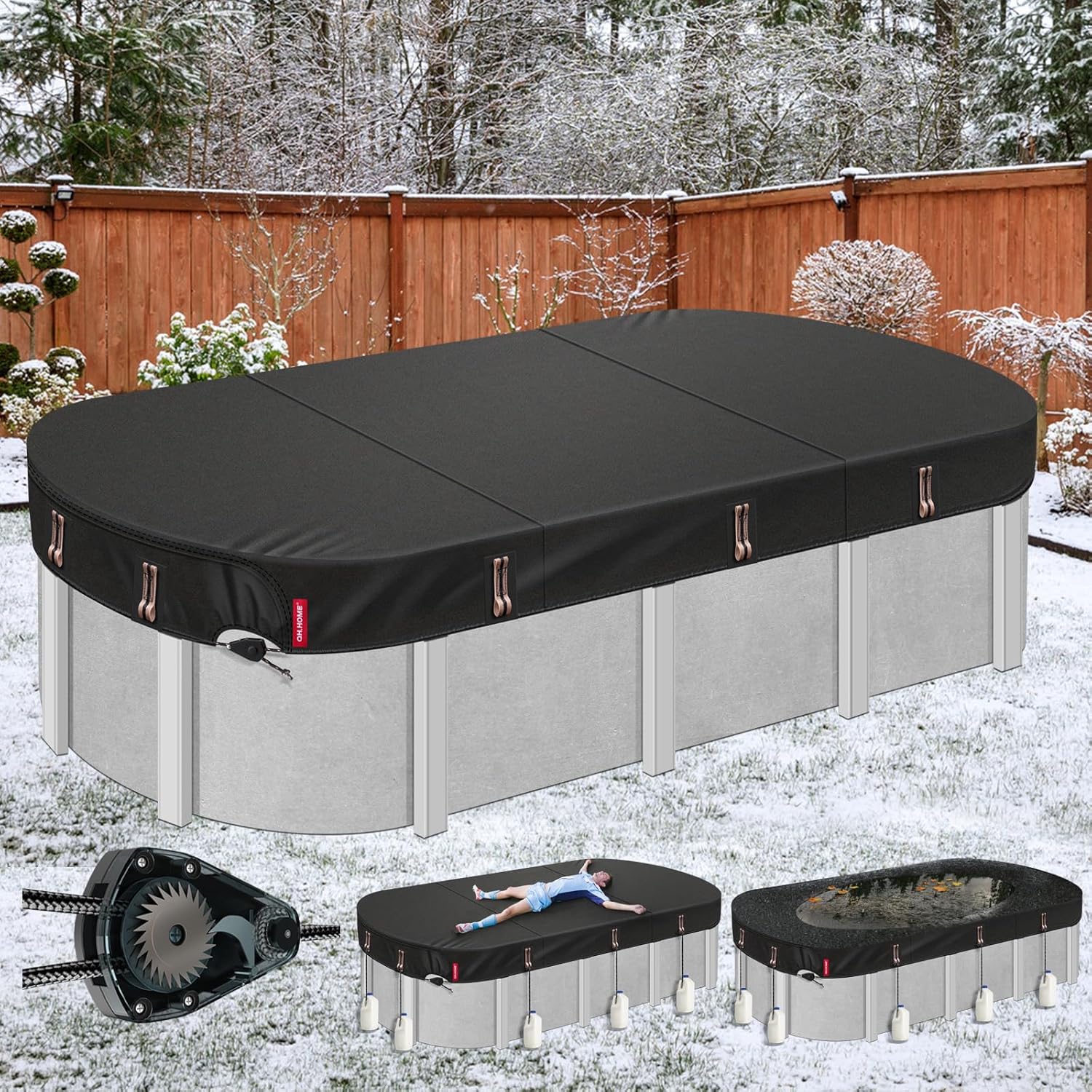 QH.HOME Winter Round Pool Cover for 18 Ft Bestway/Intex/Coleman Frame Above Ground Pool, [Excellent Windproof ] with Fast Tightening Patented Ratchet& Weight-Bearing Rings,Cold and UV Resistant