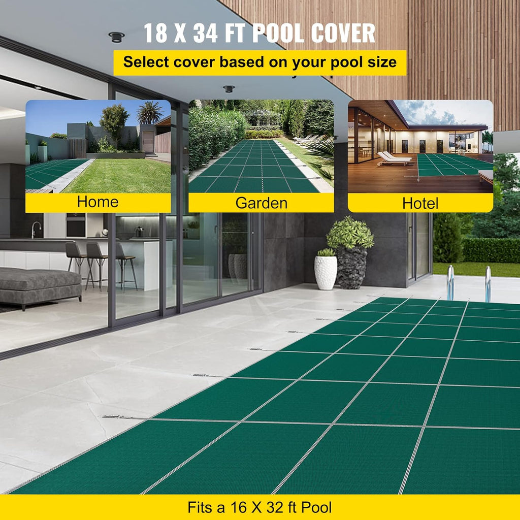 VEVOR Inground Pool Safety Cover, 16 ft x 32 ft Rectangular Winter Pool Cover, Triple Stitched, High Strength Mesh PP Material with Good Rain Permeability (Fit 16x32ft Pools)