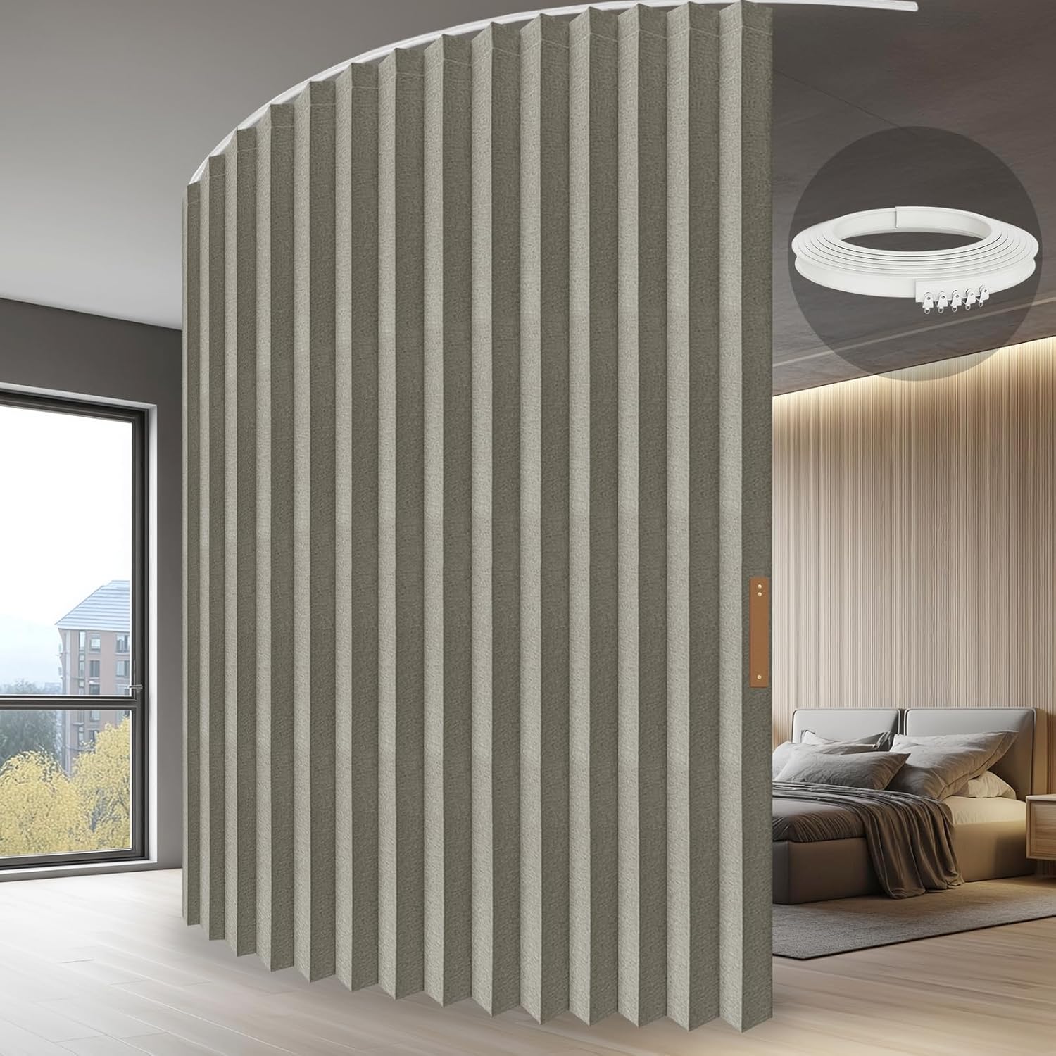 Accordion Folding Room Partition with Ceiling Track - Retractable Room Divider Curtain, Effortless Setup(Beige 100" W x 84" L-Pack of 1)