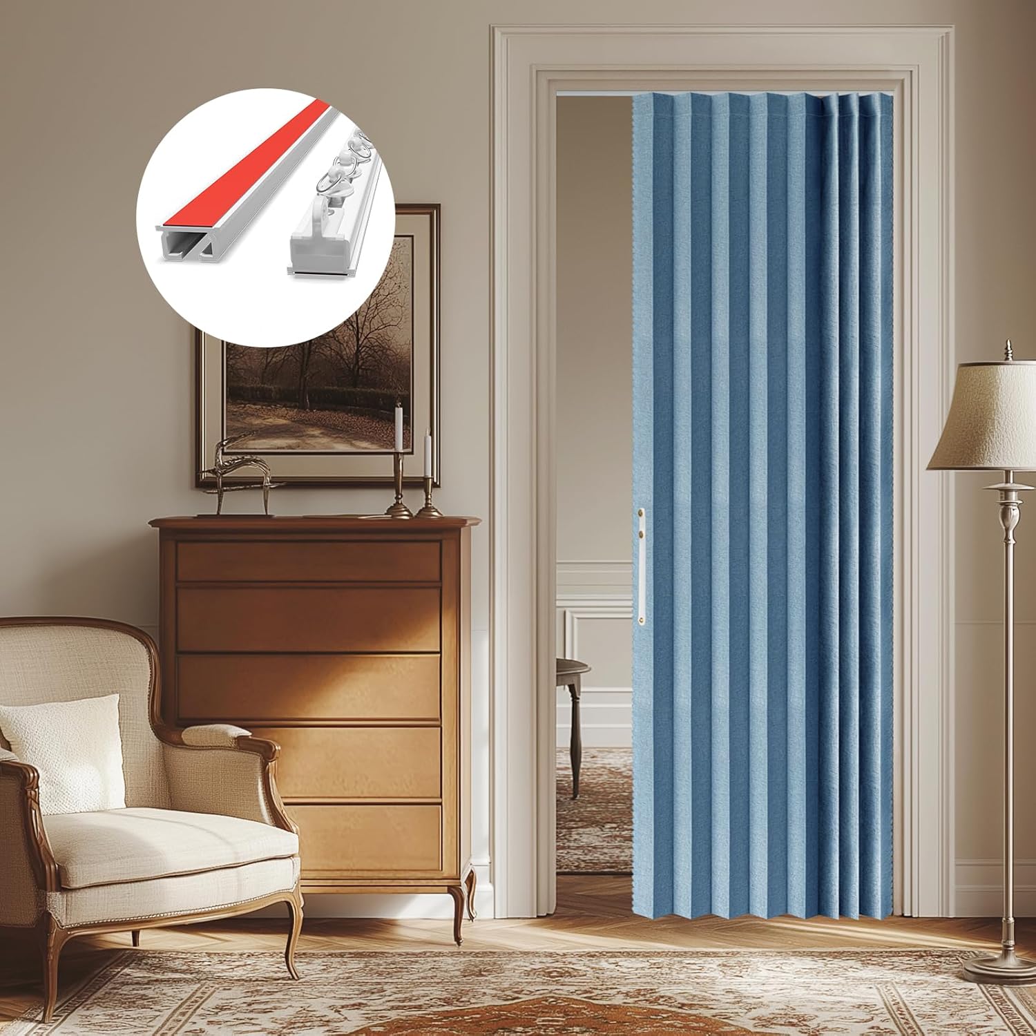 AJAZZ 100% Blackout Magnetic Accordion Door Curtain - Invisible Folding Panel for Bedroom, Living Room, Doorway - Curtain Sets Includes Tracks (1 Panel, 43W x 79L, Grey)