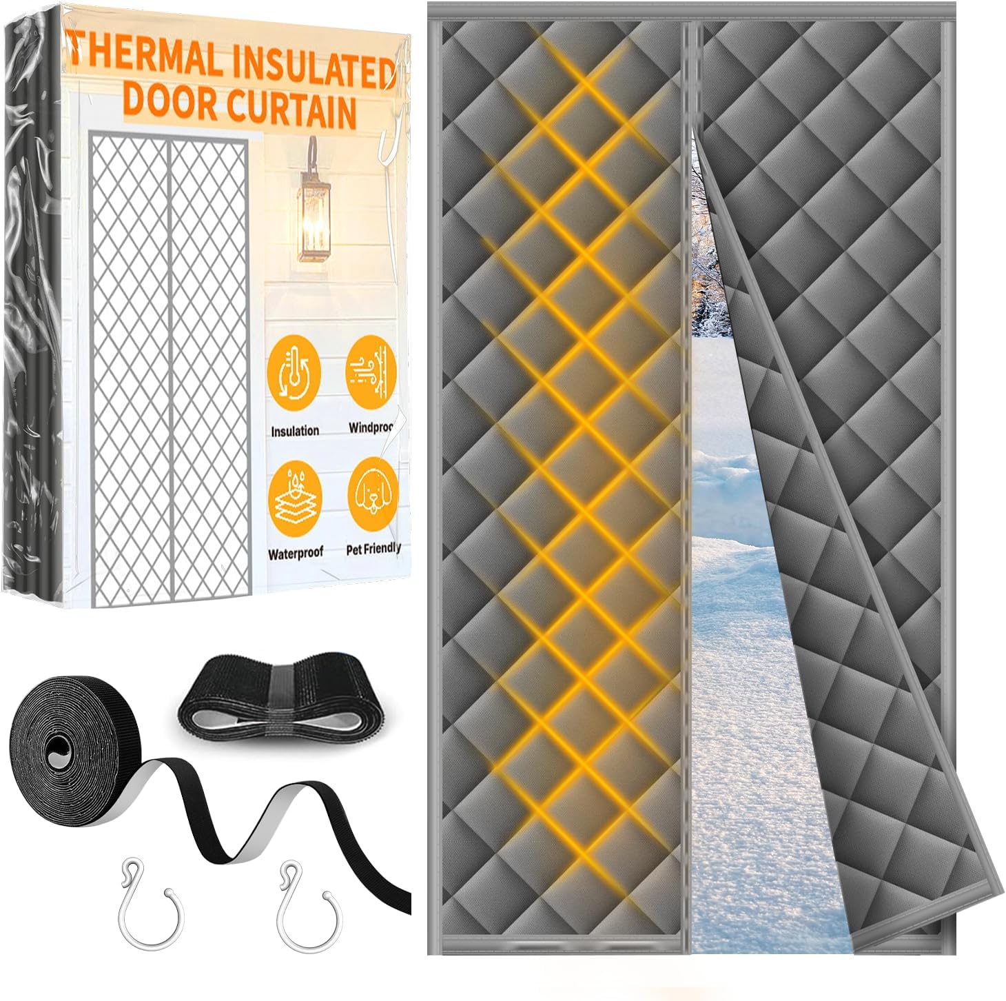 Upgraded Magnetic Thermal Insulated Door Curtain with Perspective Window, Weatherproof Oxford Cloth Filled with Cotton, Fit for Door Size 32" x 80", Doorway Curtains Size 35" x 82" Grey