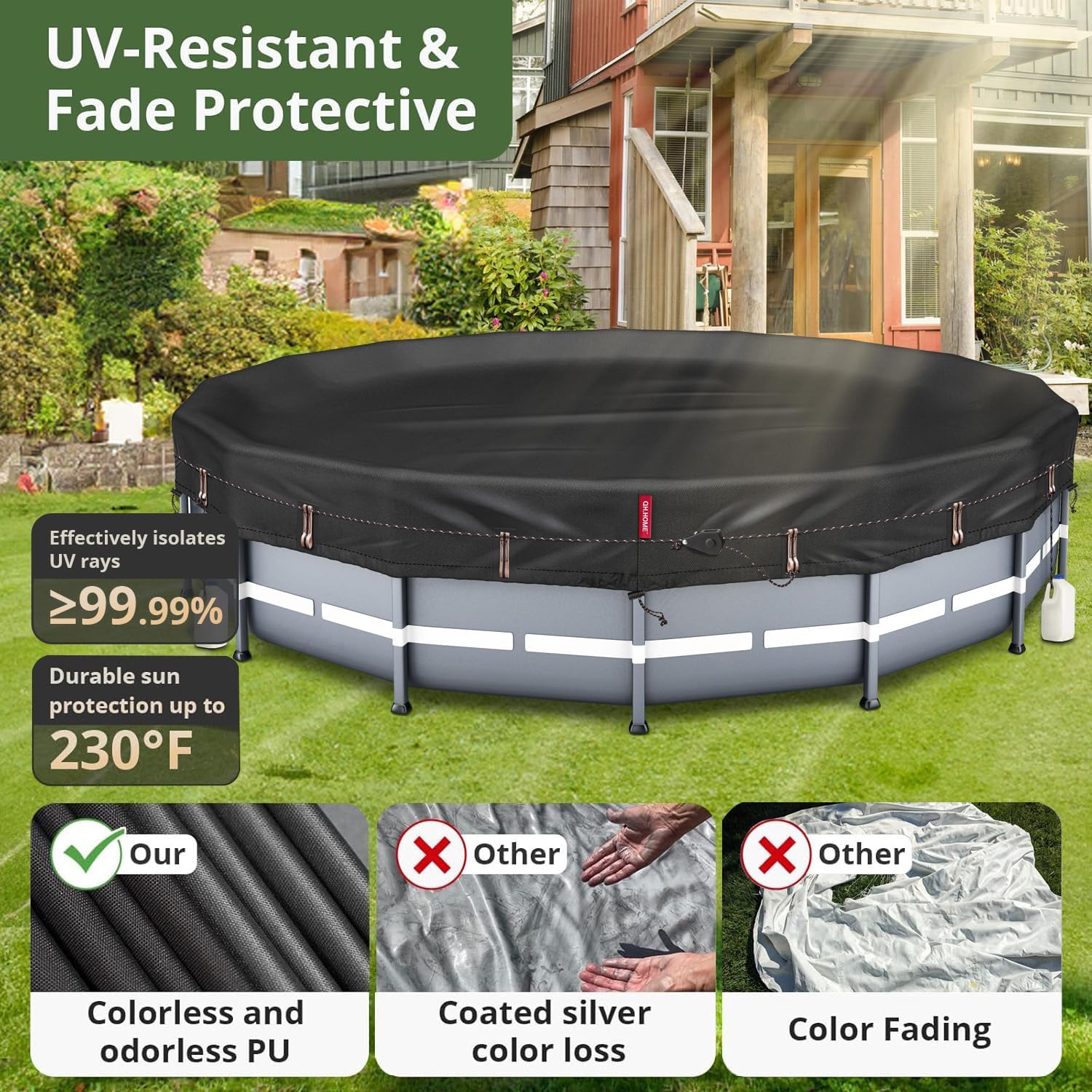 QH.HOME Winter Round Pool Cover for 18 Ft Bestway/Intex/Coleman Frame Above Ground Pool, [Excellent Windproof ] with Fast Tightening Patented Ratchet& Weight-Bearing Rings,Cold and UV Resistant