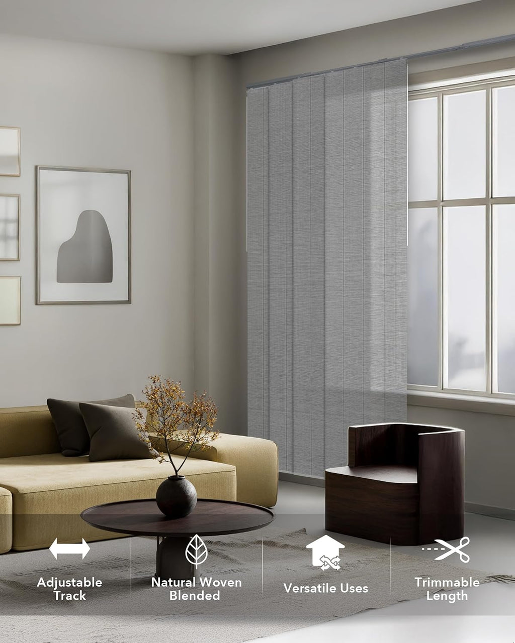 GoDear Design Adjustable Sliding Panel Hanging Room Dividers 45.8"- 86" W x 96" H, Extendable Vertical Blinds for Sliding Glass Doors, Closet Door Blinds Trimmable Fabric Panel Curtain Shades, Airo