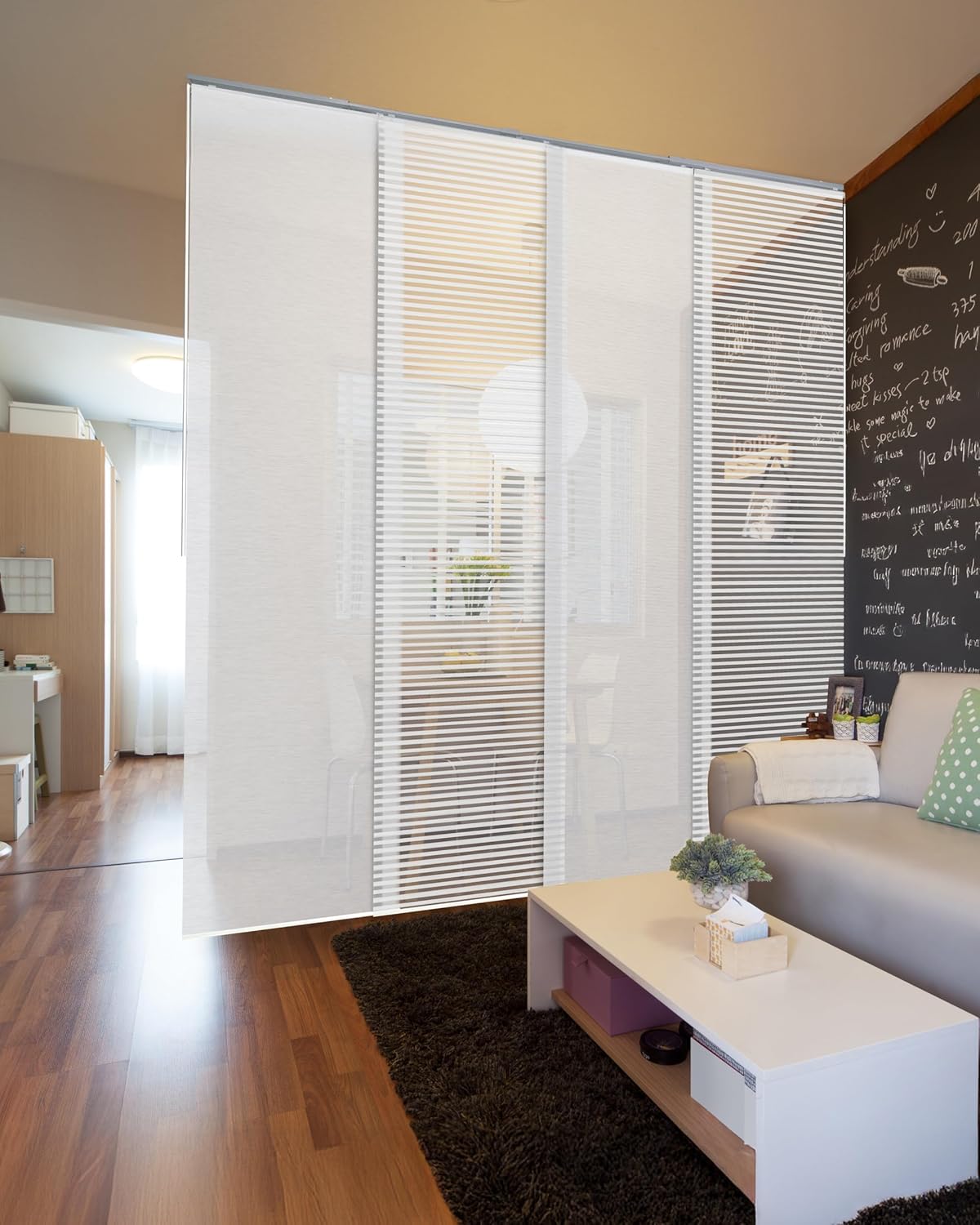 GoDear Design Adjustable Sliding Panel Hanging Room Dividers, Vertical Blind for Windows Doors, Extendable Track from 45.8" to 86" W, Trimmable Panel Curtains Up to 96", Semi-Sheer, Eclipse