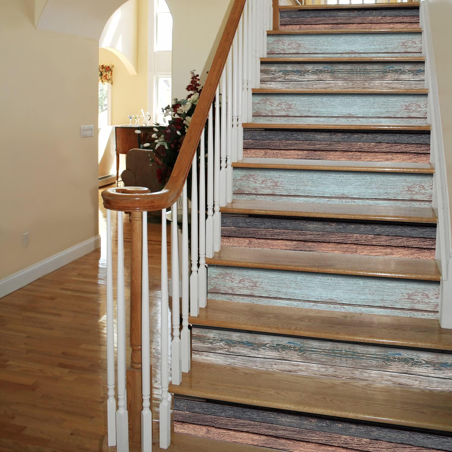 funlife 14 Strips Peel and Stick Stair Risers Stickers, Self Adhesive Vinyl Stair Stickers Decals, Staircase Murals Decor for Steps, 39.37"X7.09", Faux Weathered Rustic Wood