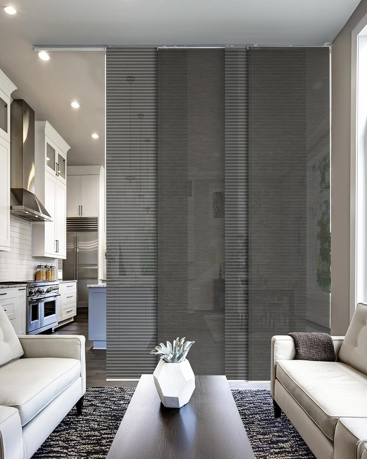 GoDear Design Adjustable Sliding Panel Hanging Room Dividers, Vertical Blind for Windows Doors, Extendable Track from 45.8" to 86" W, Trimmable Panel Curtains Up to 96", Semi-Sheer, Eclipse