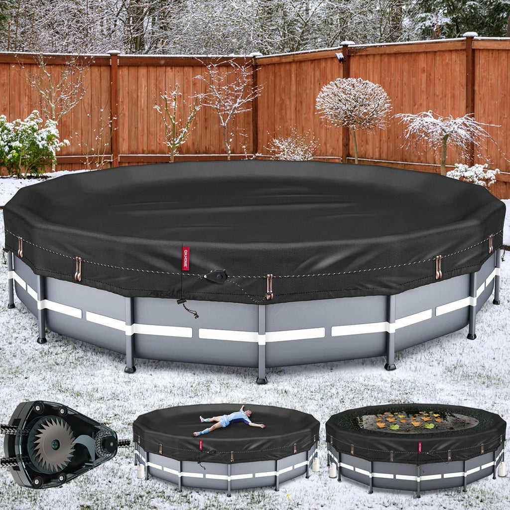 QH.HOME Winter Round Pool Cover for 18 Ft Bestway/Intex/Coleman Frame Above Ground Pool, [Excellent Windproof ] with Fast Tightening Patented Ratchet& Weight-Bearing Rings,Cold and UV Resistant