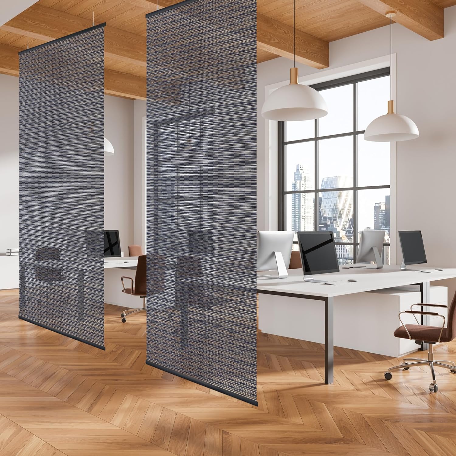 DECOLAB Hanging Room Panel, Privacy Sheer Separator Divider for Shared Room, Entryway, Workspace, Trimmable Length, Natural Woven, 36”W x 96”L, Set of 2, Azurite